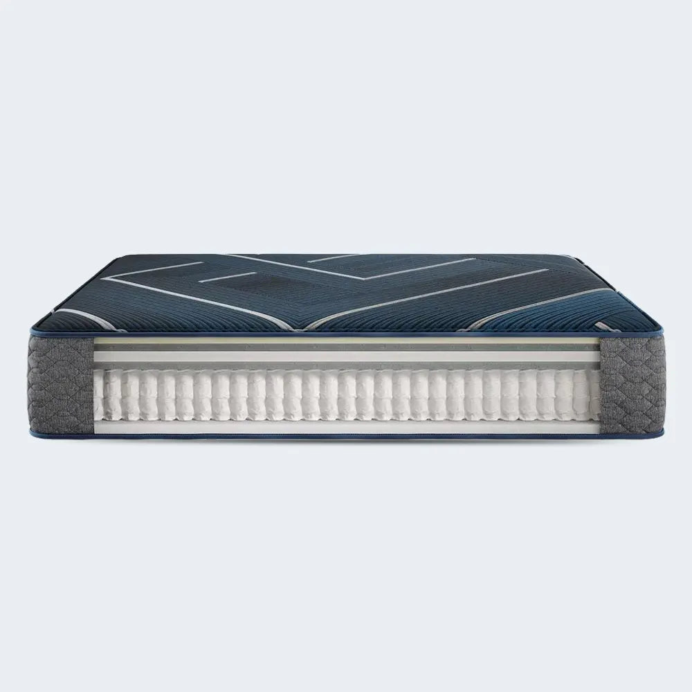 Beautyrest World Class Level Four Hybrid 13.5" Mattress featuring a premium geometric quilted top.
