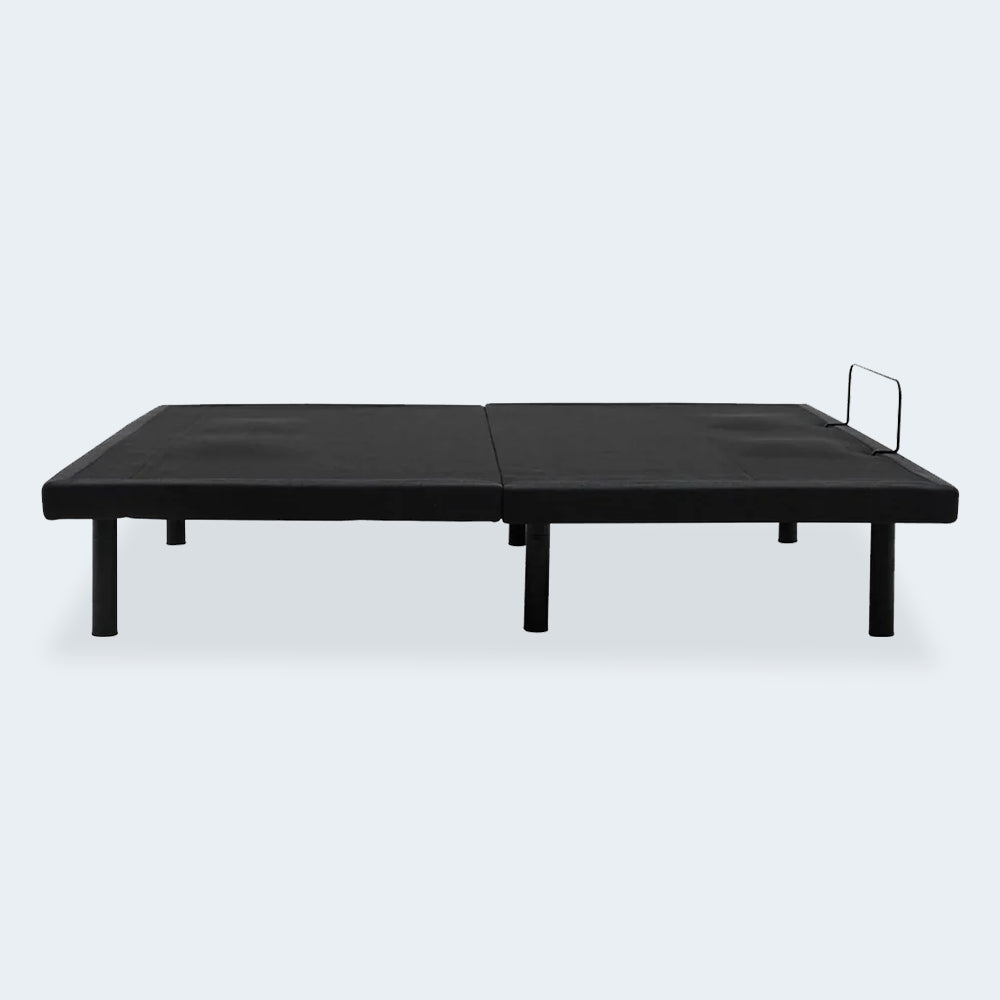 Baselogic Platinum Adjustable Base shown in a flat position with a sleek black upholstered frame and sturdy mattress retainer bar.
