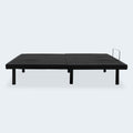 Baselogic Platinum Adjustable Base shown in a flat position with a sleek black upholstered frame and sturdy mattress retainer bar.
