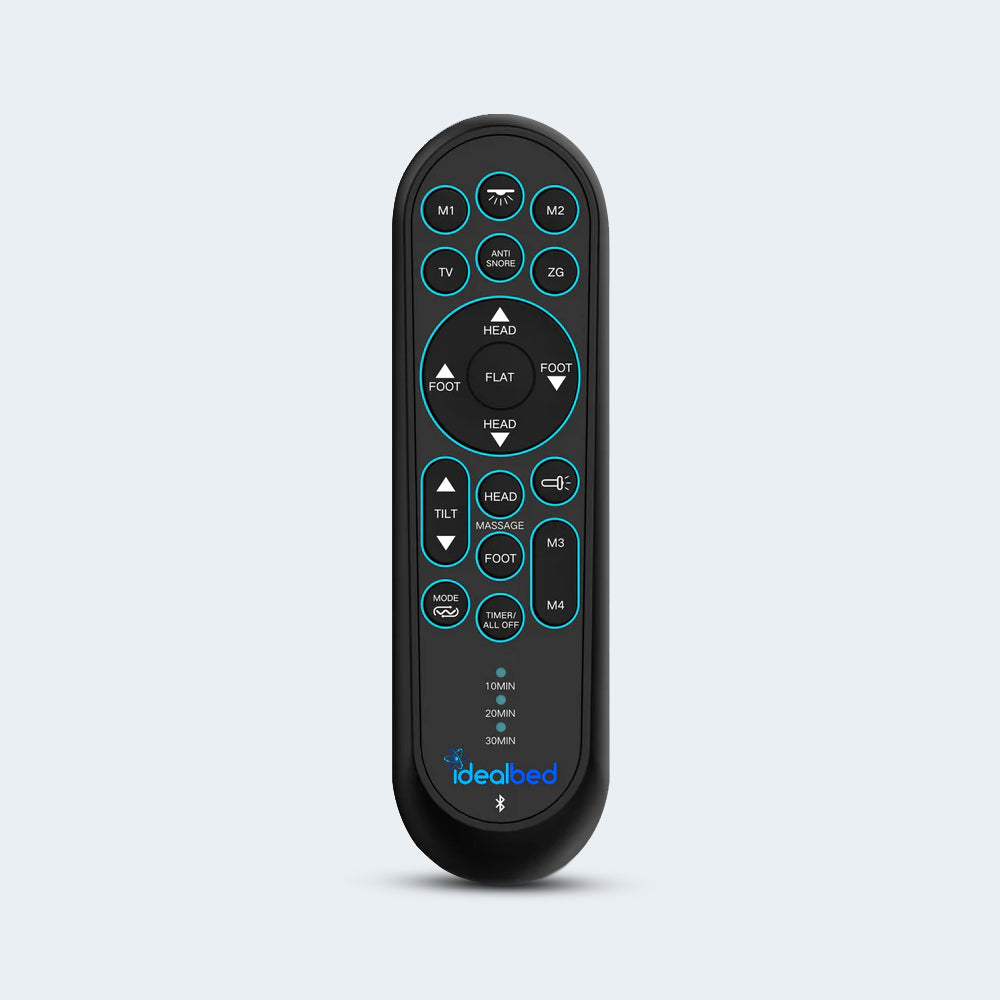 High-tech wireless remote for the iDealBed Smart 6i with buttons for Bluetooth, pillow tilt, Zero Gravity, and four memory presets.
