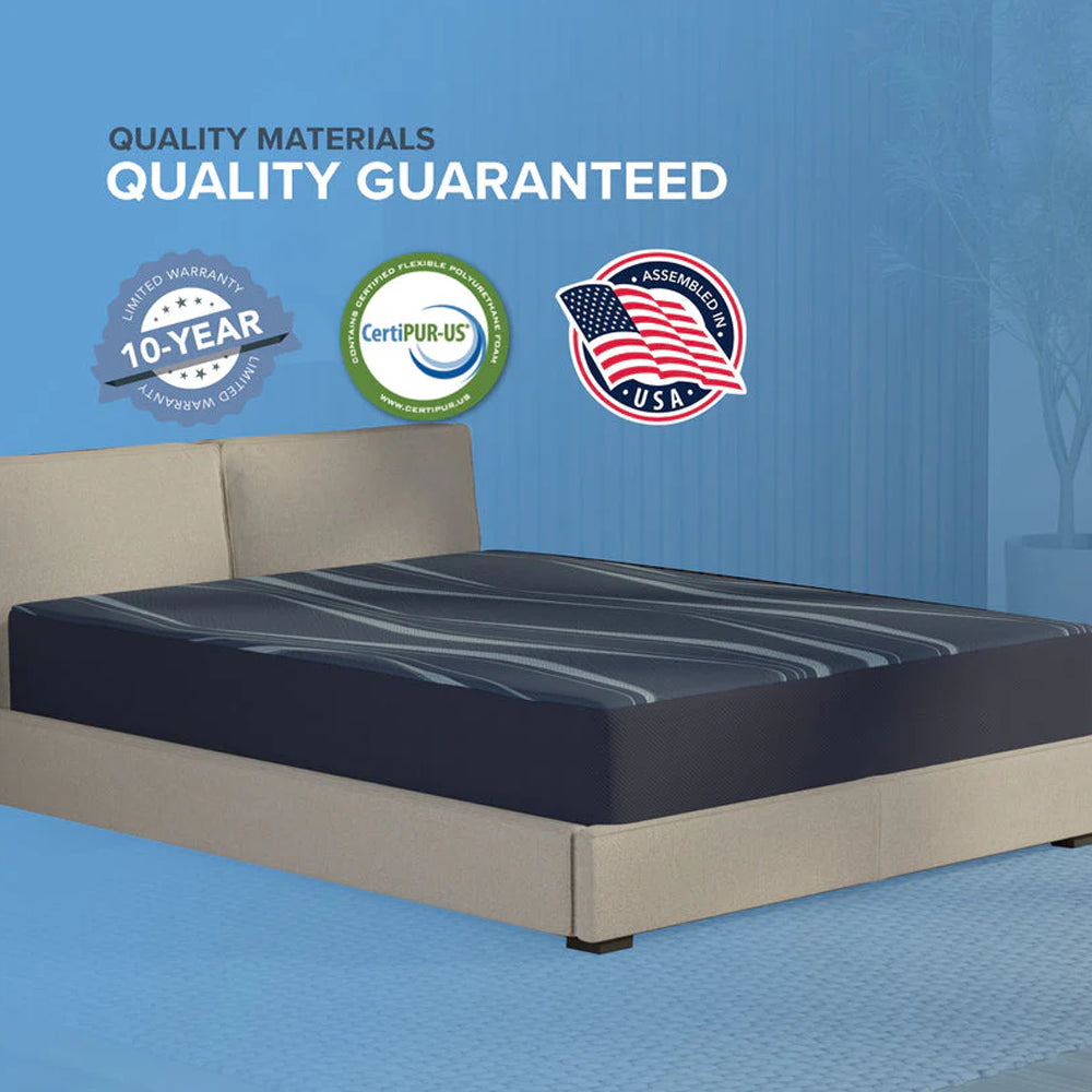 South Bay mattress quality certifications highlighting a 10-year limited warranty, CertiPUR-US certified foam, and an "Assembled in USA" guarantee.
