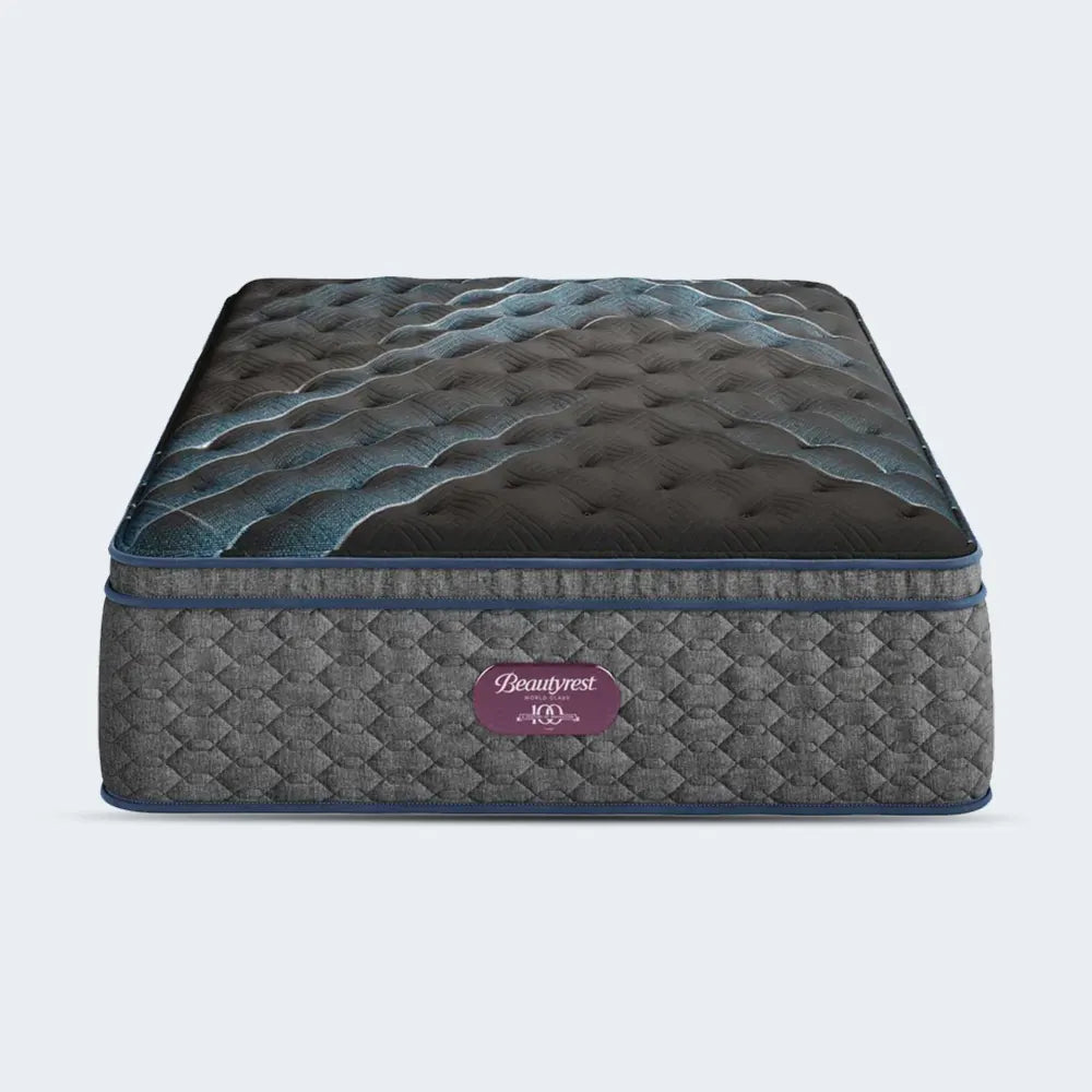 Front view of the Simmons Beautyrest World Class Level Four Plush Pillow Top Mattress for ultimate comfort.
