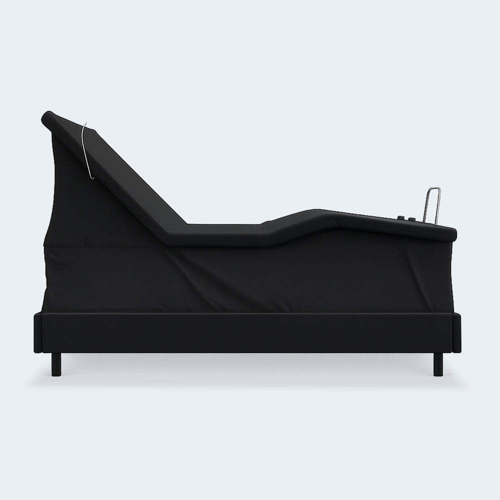 Side profile of the SBLB Hi-Lo Adjustable Base featuring the high-low vertical lift mechanism for easy caregiver access and transfer assistance.
