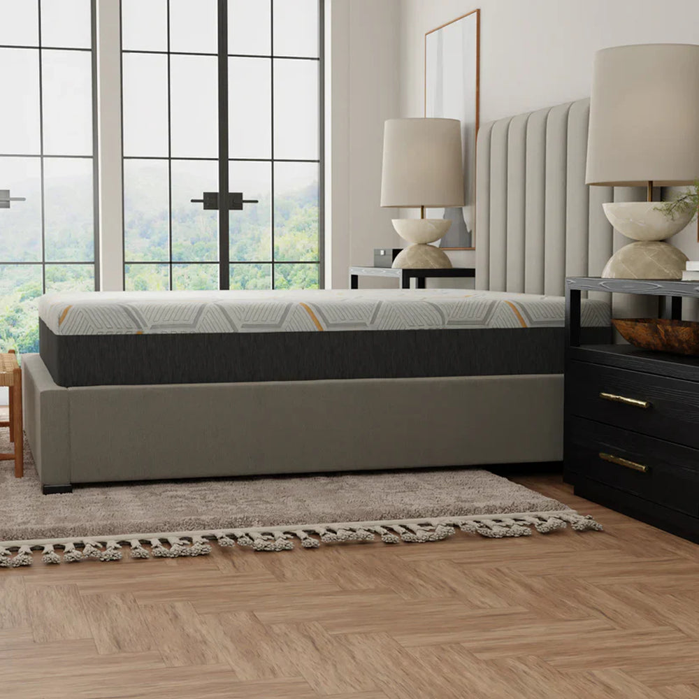 Side profile of the South Bay 12-inch medium firm copper mattress in a modern bedroom, highlighting its thick profile and supportive design.
