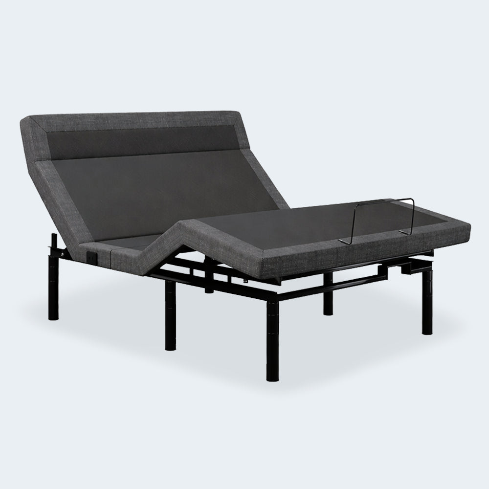 Side profile of the iDealBed Smart 4iT adjustable base demonstrating maximum pillow tilt, head incline, and foot elevation.
