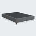 Front view of the South Bay metal bed foundation base with an upholstered grey removable fabric cover.
