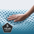 Pressure-relieving Malouf Zoned memory foam pillow close-up with 5-year warranty for quality assurance.

