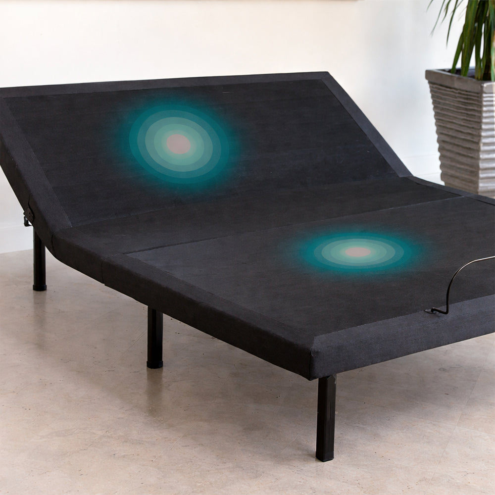 Graphic overlay showing the dual-zone massage motor locations on the Customatic Dreamsense The Harmony adjustable frame.