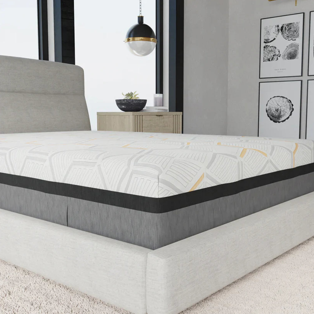 Detailed close-up of the South Bay plush hybrid mattress cover highlighting the copper-infused fabric and thick 14-inch supportive profile.
