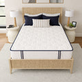 High-angle bedroom shot of the Sofinity Hybrid Signature firm mattress showcasing the wide sleep surface on a natural wood bed frame.
