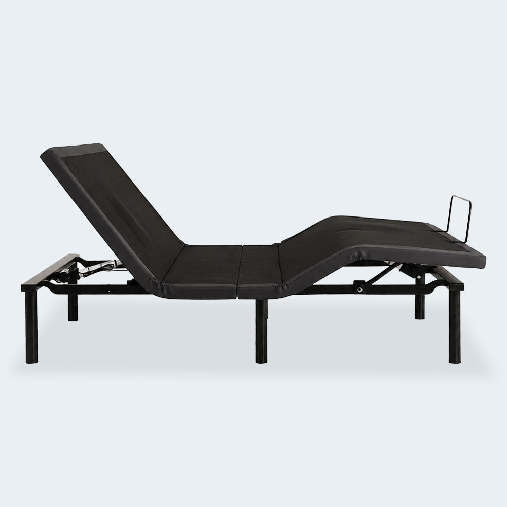Side profile of the Baselogic Silver motorized base illustrating independent head and foot articulation for customized comfort.

