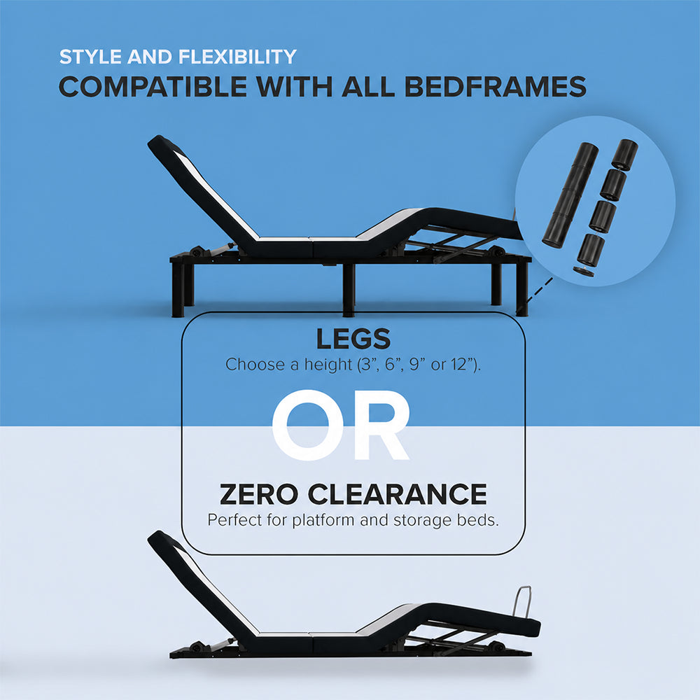 SBKDP2 adjustable base showing customizable leg heights and zero-clearance design compatible with all bedframes, platform beds, and storage beds.
