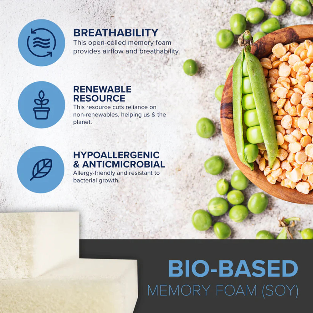 Infographic of the bio-based soy memory foam features: breathable open-celled foam, renewable resources, and hypoallergenic antimicrobial properties.
