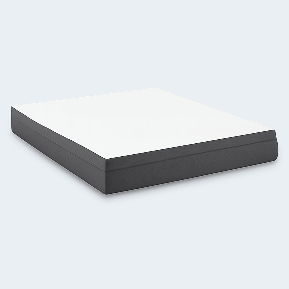The South Bay Daisy 8-inch firm gel-infused memory foam mattress featuring a white quilted top and dark charcoal grey side border.
