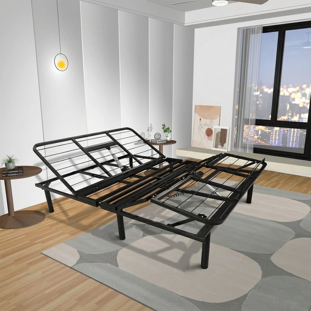 Goto G50 zero-clearance adjustable base shown as a standalone frame in a bedroom, featuring dual Okin motors for silent operation.
