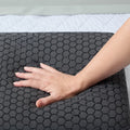 Hand pressing into a Malouf HexCurve cooling pillow to show responsive, pressure-relieving foam.
