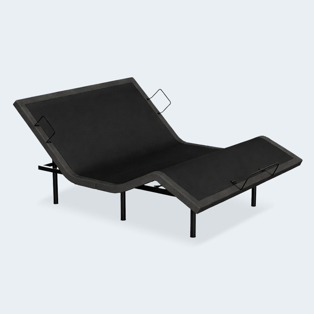 Three-quarter perspective of the MLILY MS 100 wireless adjustable bed base demonstrating simultaneous head and foot lift positions.
