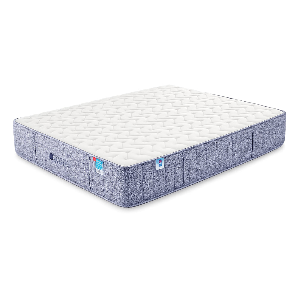 Side angle of the Americanstar Bluesky 11-inch firm mattress featuring a white quilted top and durable blue textured fabric sides.
