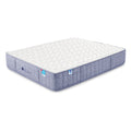 Side angle of the Americanstar Bluesky 11-inch firm mattress featuring a white quilted top and durable blue textured fabric sides.
