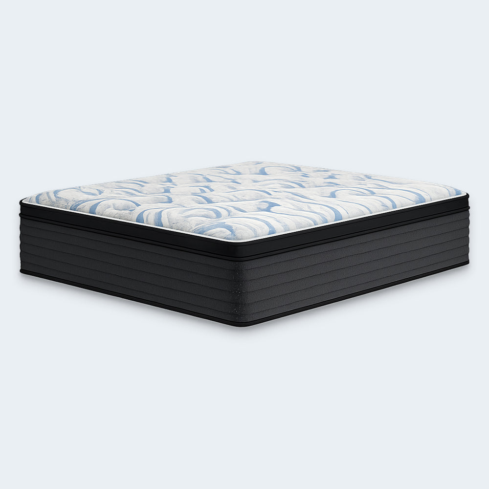 High-profile 14-inch Ashley Elite Springs plush mattress with charcoal textured sides and a breathable white and blue quilted top.
