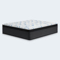 High-profile 14-inch Ashley Elite Springs plush mattress with charcoal textured sides and a breathable white and blue quilted top.
