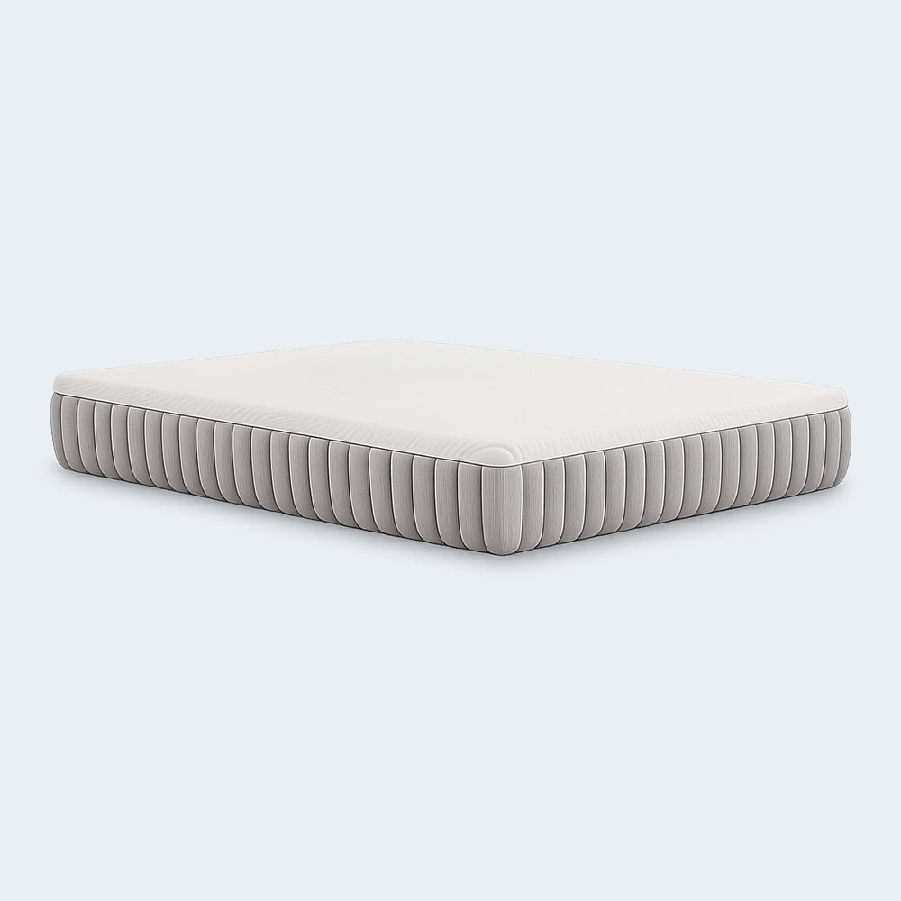 High-angle perspective of the Terra Sleep 12-inch medium mattress illustrating the 12” supportive depth and premium textured grey side walls.
