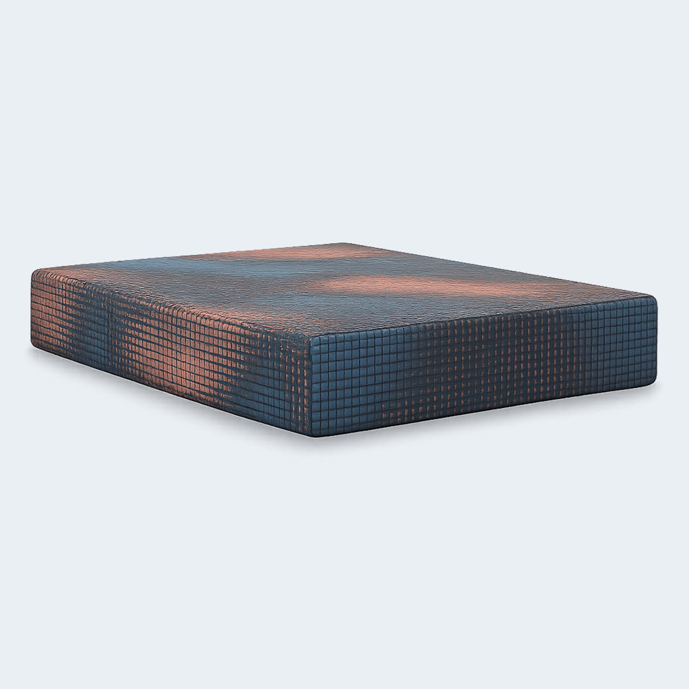 Side-angle view of the Hot Buy 13-inch Firm Hybrid Mattress featuring a modern pixelated blue and peach cooling cover design.
