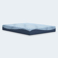 Side-angle studio view of the Ashley Furniture Peak 2.0 10-inch mattress highlighting the 10" supportive depth and durable navy blue border.
