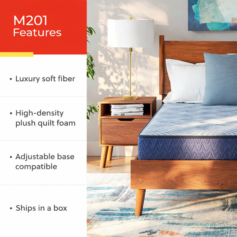 Feature summary for the Ashley M201 Peak 2.0 mattress including high-density plush quilt foam, adjustable base compatibility, and convenient bed-in-a-box shipping.

