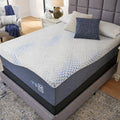 Frontal profile of the Millennium Luxury Gel Memory Foam Mattress on a raised power base, showing the mattress flexing for ergonomic sleep support.
