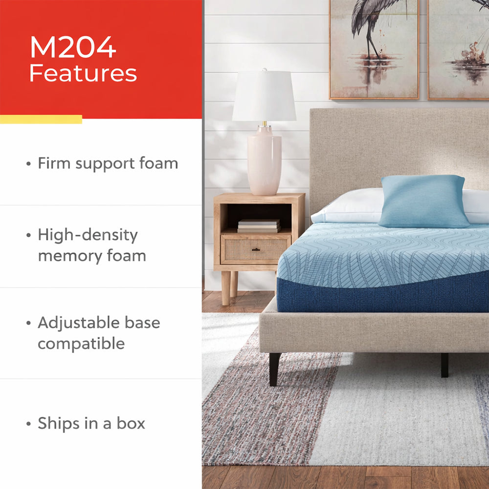 Infographic listing features of the Ashley M204 Peak 2.0 Mattress including high-density memory foam, firm support, and bed-in-a-box shipping.
