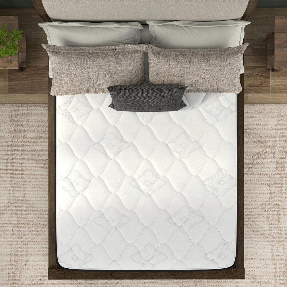 Top-down overhead view of the American Bedding Classic 8 Inch Innerspring Mattress on a wooden frame with neutral bedding.
