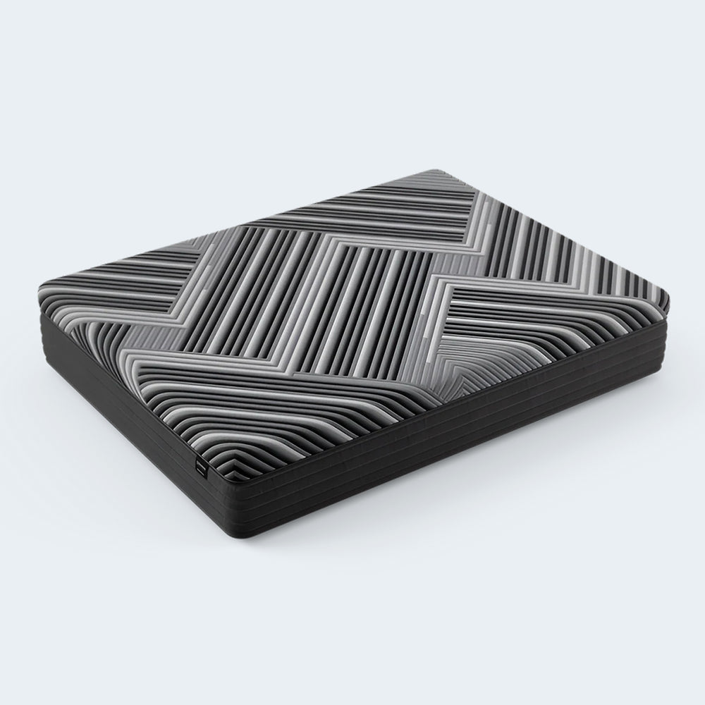 Top perspective of the Dreamstage 2.0 Calm Hybrid mattress showing the modern geometric design and premium 14-inch supportive profile.
