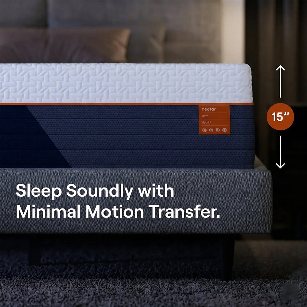 Side view of the 15-inch Nectar Ultra Hybrid Mattress highlighting the minimal motion transfer technology and premium comfort depth.
