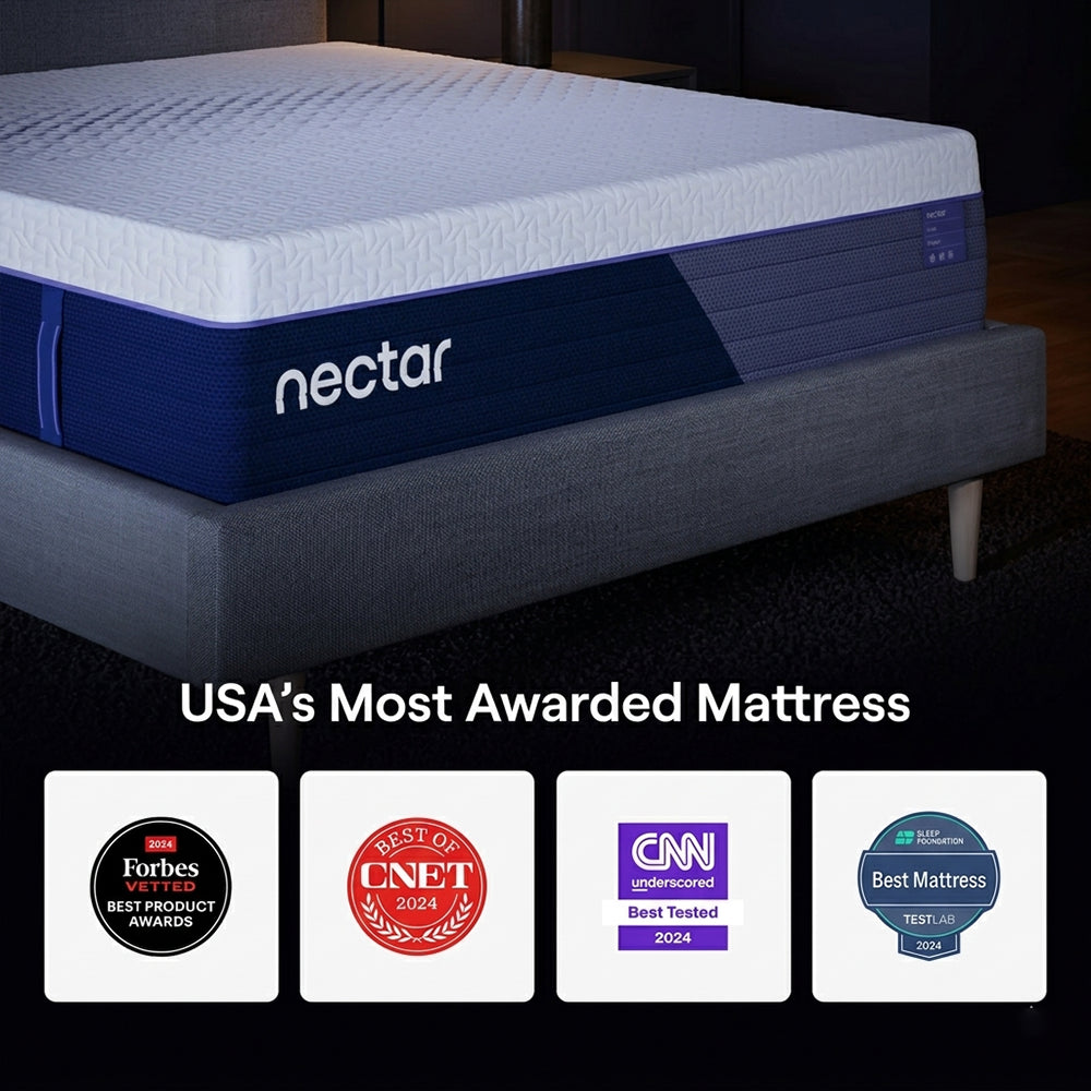 USA's most awarded mattress badges for the Nectar Premier Hybrid featuring accolades from Forbes Vetted, CNET, CNN, and Sleep Foundation 2024.
