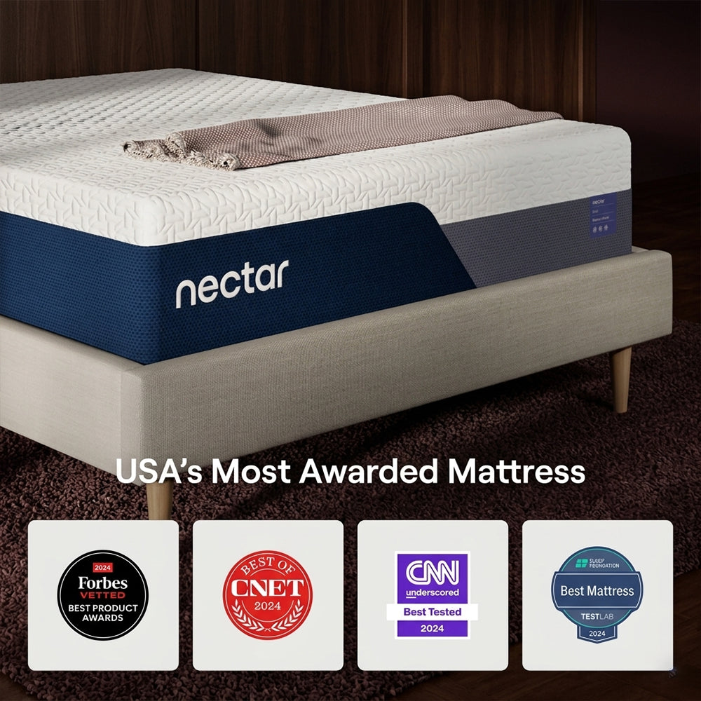 Award badges for the Nectar Classic mattress including 2024 accolades from Forbes Vetted, CNET, CNN, and Sleep Foundation as a top-rated memory foam bed.
