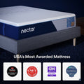 view of the Nectar Classic Hybrid 12-inch mattress in a luxury bedroom setting, optimized for back and side sleeper support.

