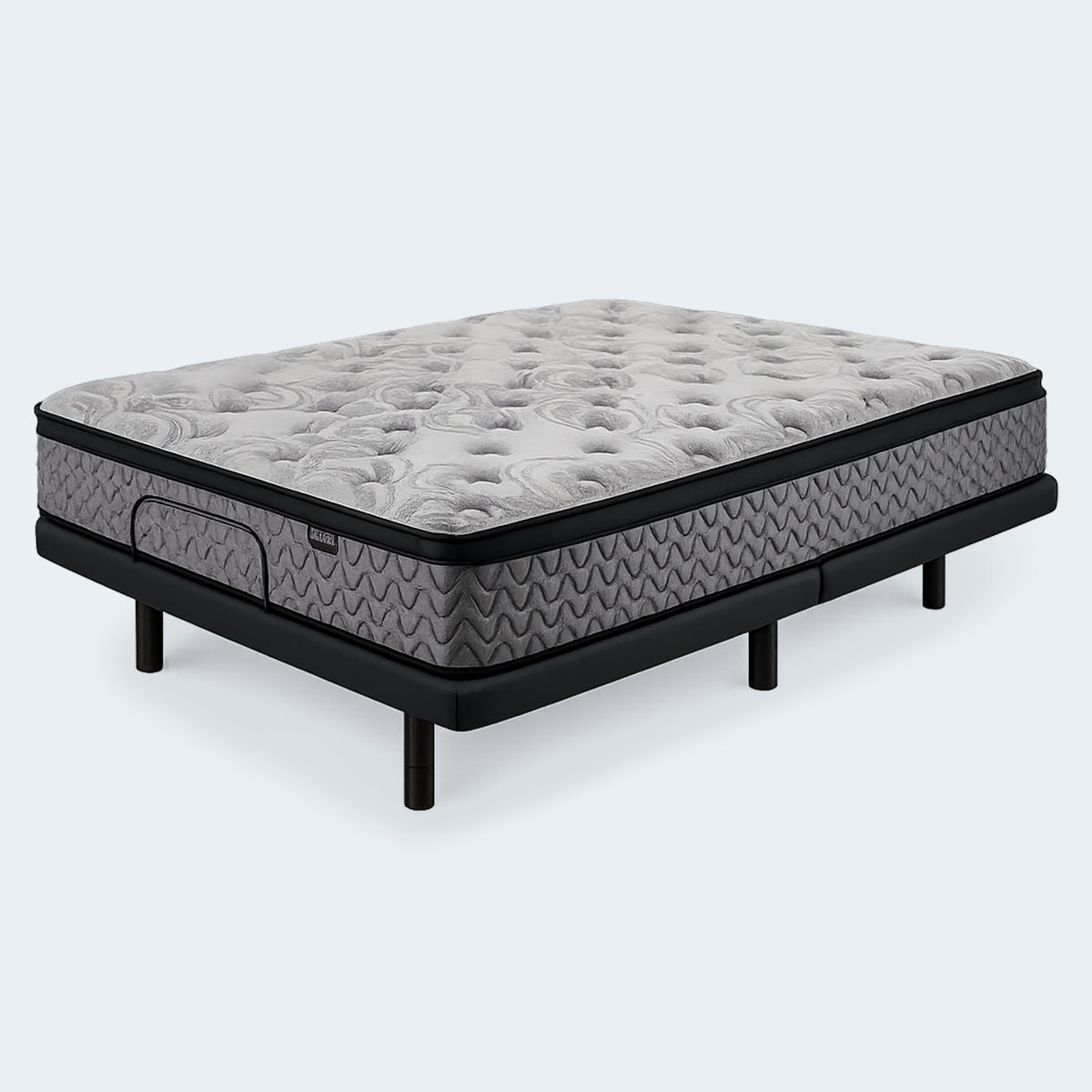 Angled view of the Augusta 12 inch Firm Pillow Top Mattress flat on a black metal adjustable bed base.