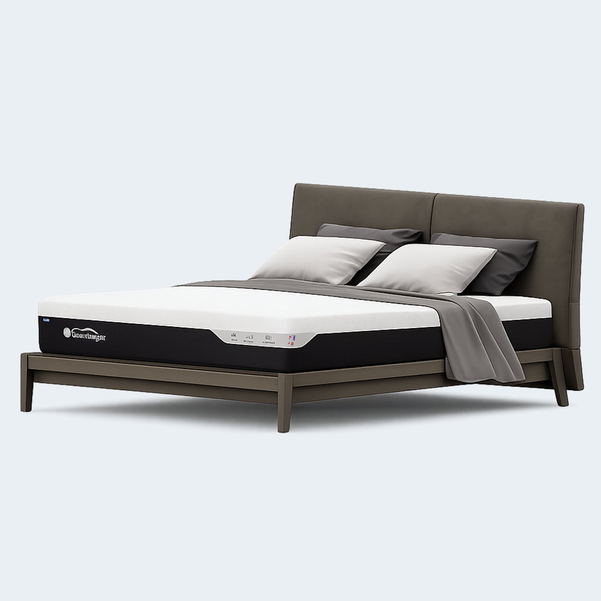 Angle view of the 10” Medium Memory Foam Latex Mattress on a stylish bed frame, showcasing the two-tone color design.