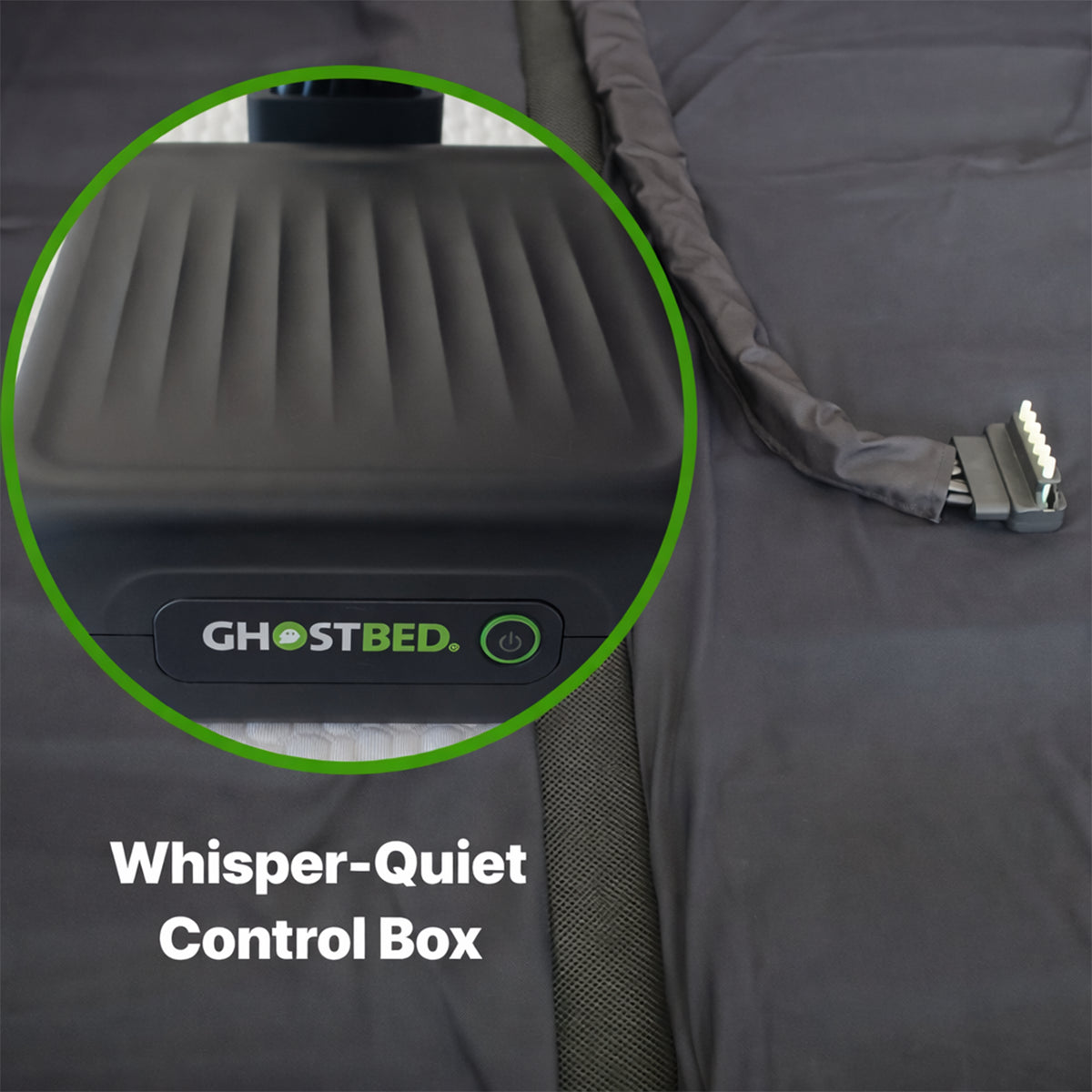 Close-up of the whisper-quiet control box for the GhostBed 12" Massage Medium Hybrid Mattress air therapy system.