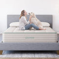 Woman and her golden retriever on a Sage Organic Latex 12-inch mattress, emphasizing a healthy, non-toxic sleep environment for the whole family.
