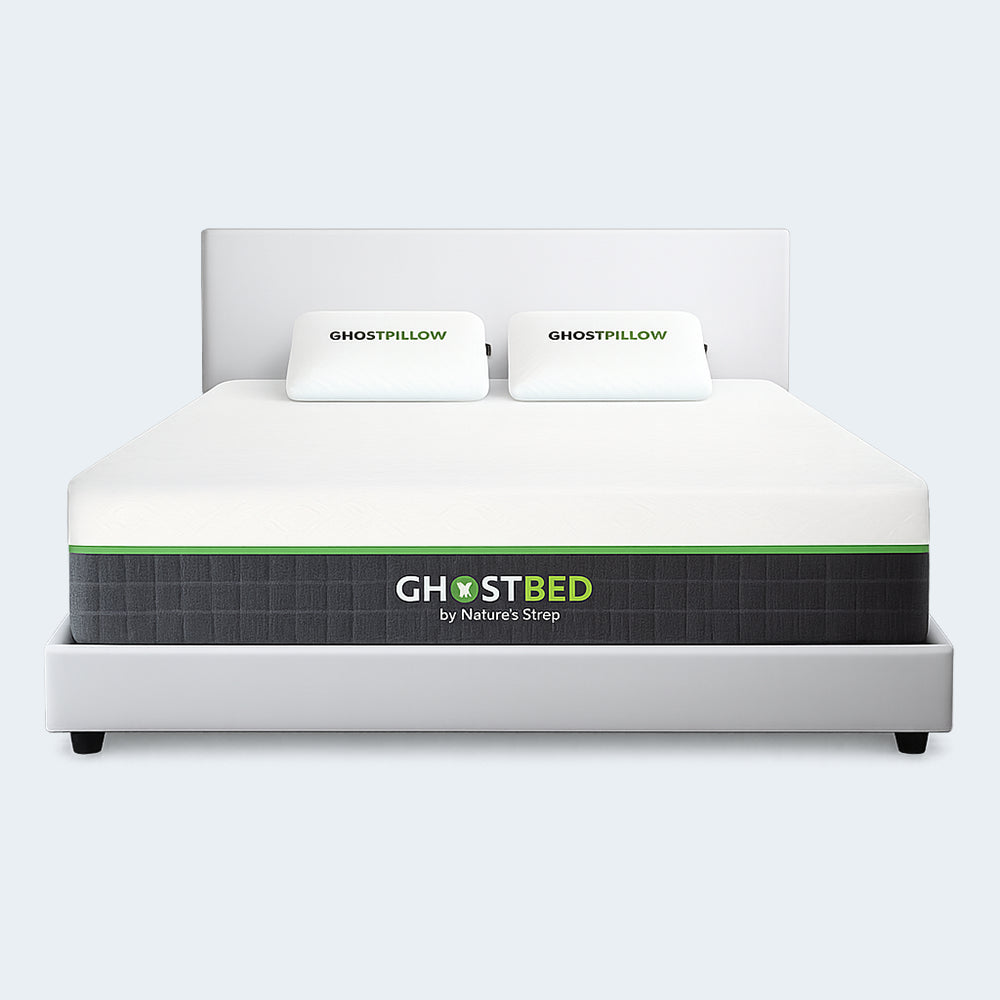 Front-facing isolated shot of the GhostBed Elite 12-inch medium-feel memory foam mattress with signature grey quilted sides and white cooling cover.
