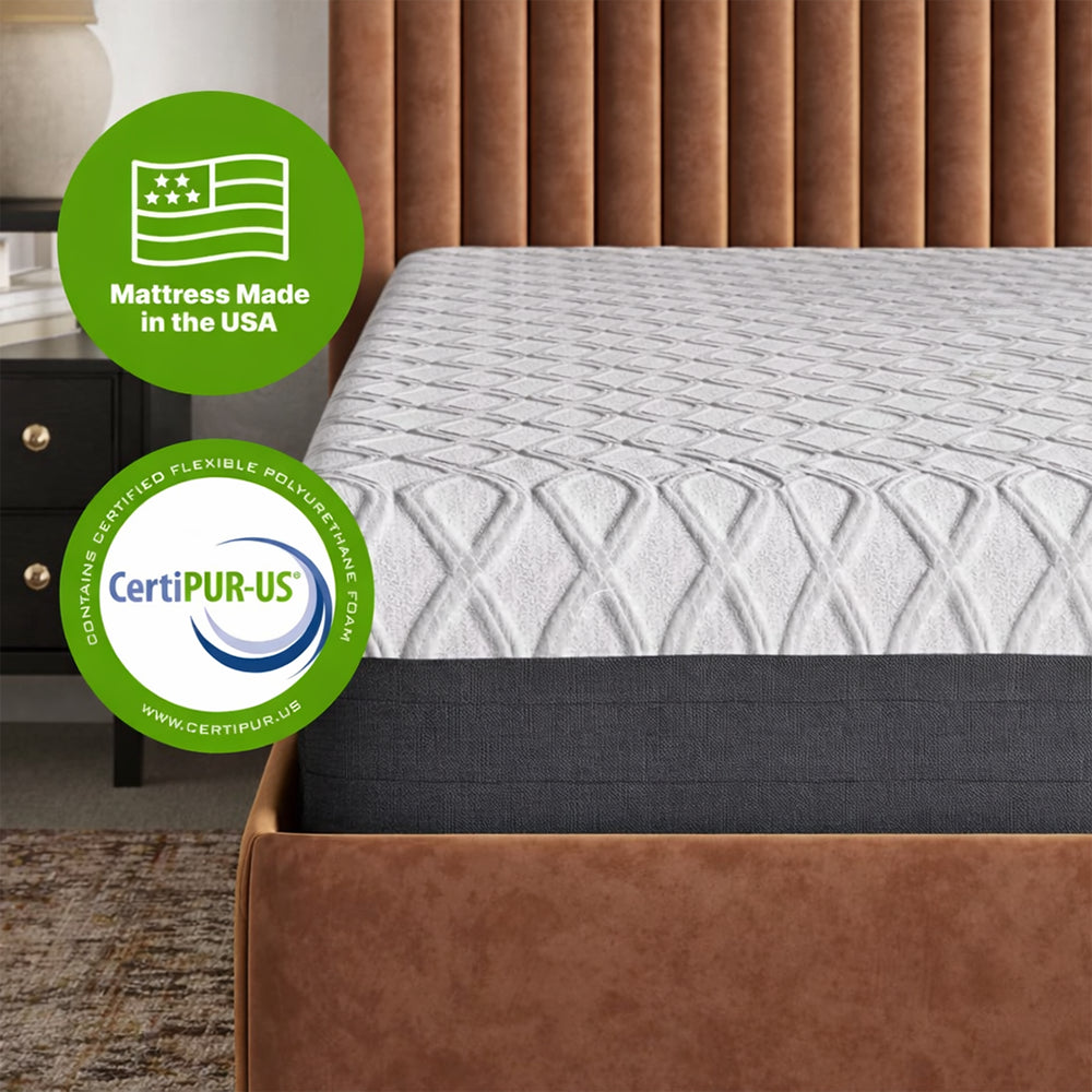 Close-up of the GhostBed 14-inch mattress highlighting the CertiPUR-US foam certification and Made in the USA badge on a premium textured cover.
