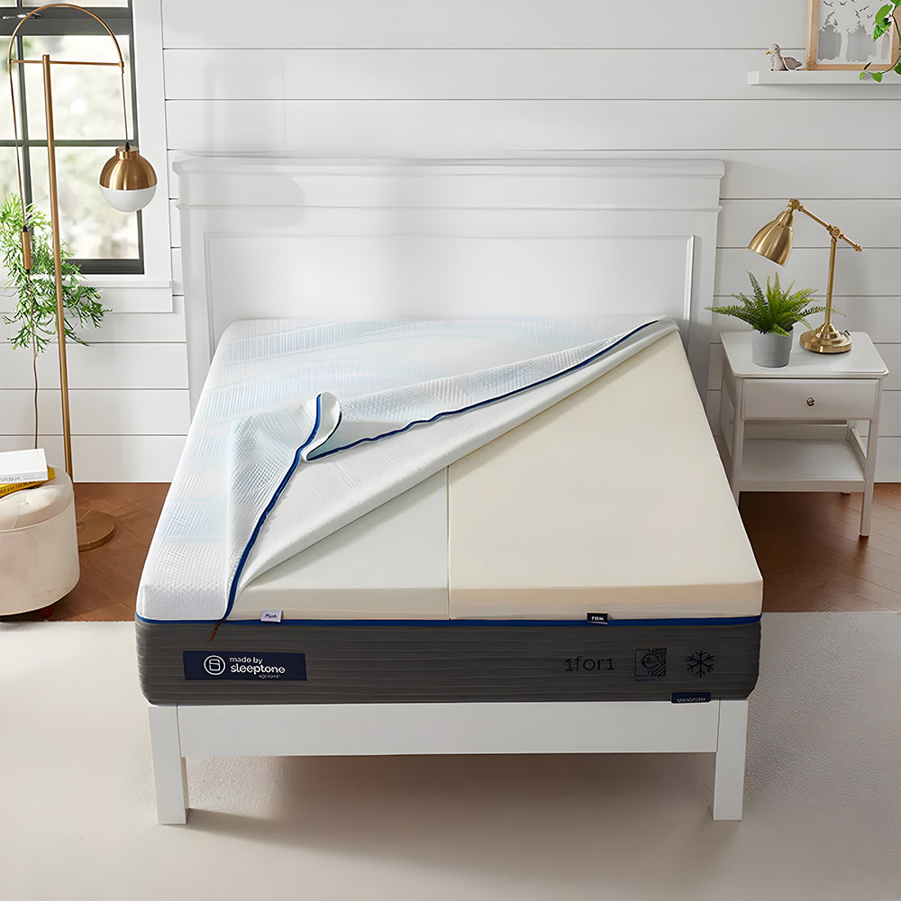 Sleeptone 12-inch hybrid mattress unzipped to reveal 1for1 adjustable internal foam cores for customized plush or firm support.
