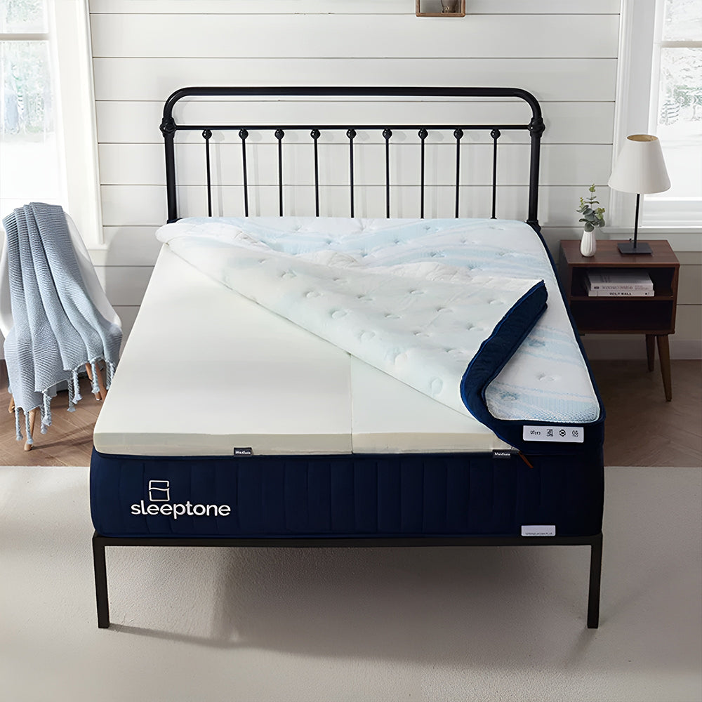The Sleeptone 14-inch mattress unzipped to reveal the internal 1for1 adjustable foam inserts that allow users to customize their sleep from plush to firm.
