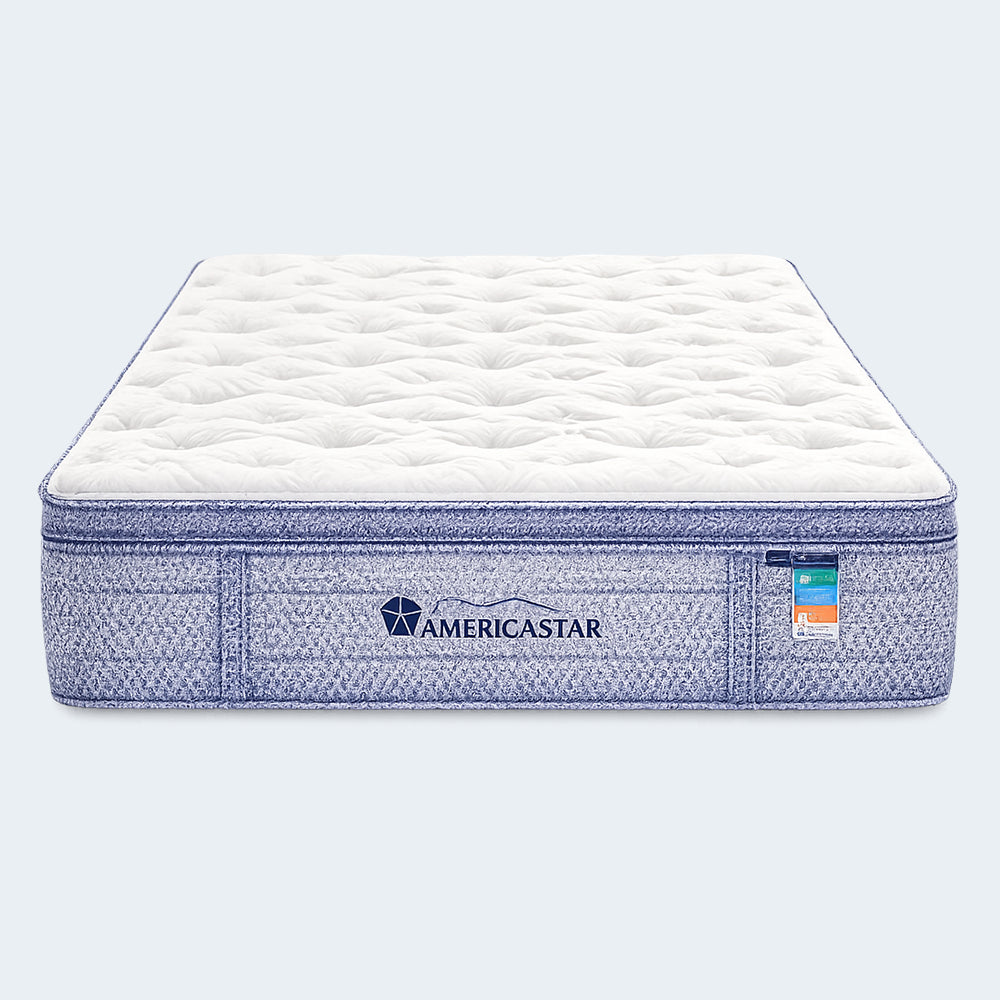 Front-facing profile of the Americanstar Bluesky 14-inch Lux Box Top Mattress showcasing the embroidered brand logo and durable blue textured base.
