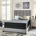 Front view of the Comfort Plus 10 Inch Medium Mattress positioned on a grey platform bed with a matching headboard.