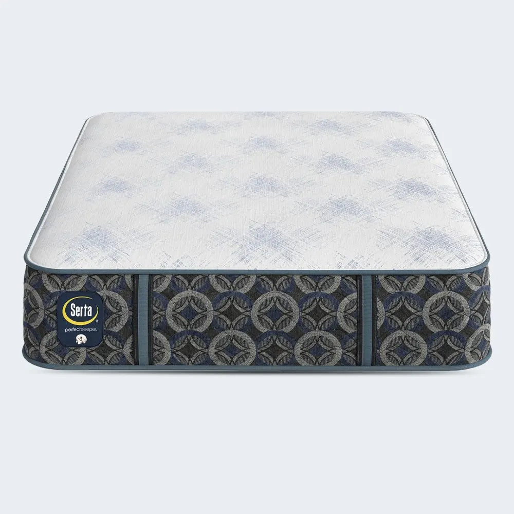 Serta Perfect Sleeper Cascade Bluff 14.5 Inch Hybrid Plush mattress with a luxury geometric quilted border.
