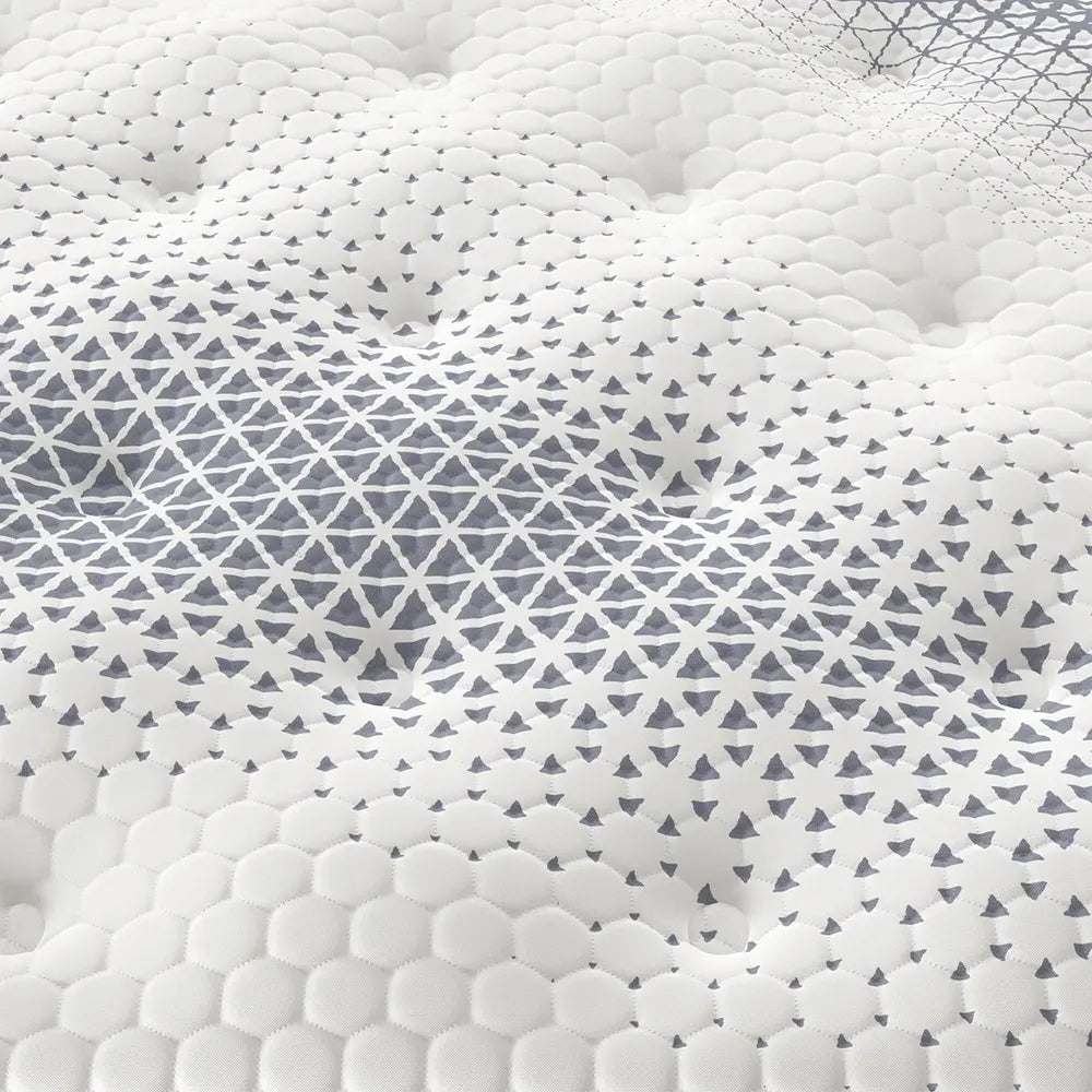  Close-up of the breathable quilted cover on the Serta iComfortPRO Buckingham latex foam mattress.