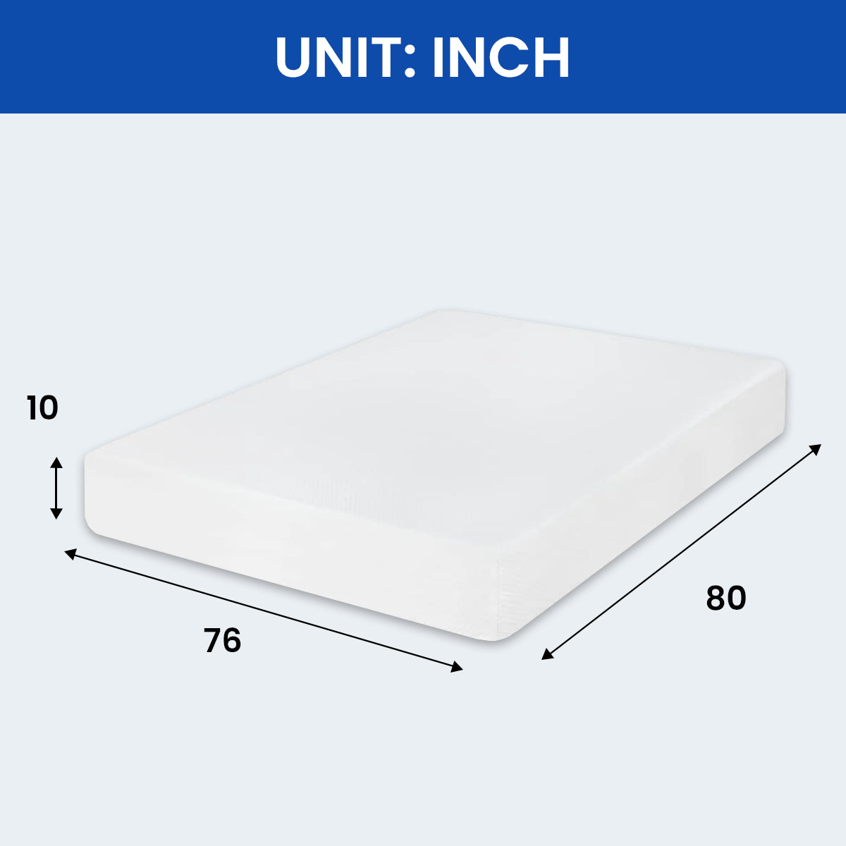 Maya Gel Memory Foam Mattress dimensions showing the 10 inch height and 76x80 king size profile.
